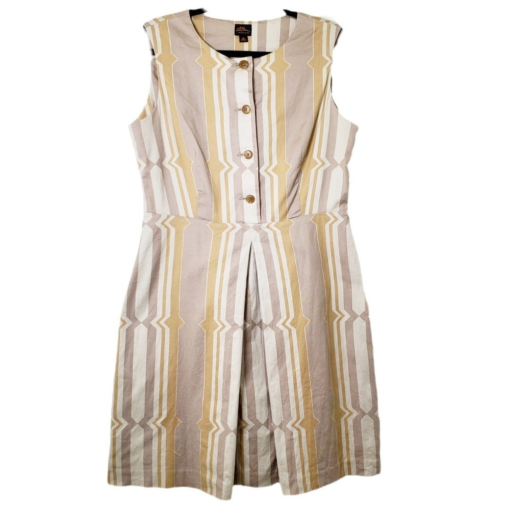 L.L. Bean Tan Stripe Cotton‎ Linen Blend Sleeveless Shirt Dress Nuetrals Size 10